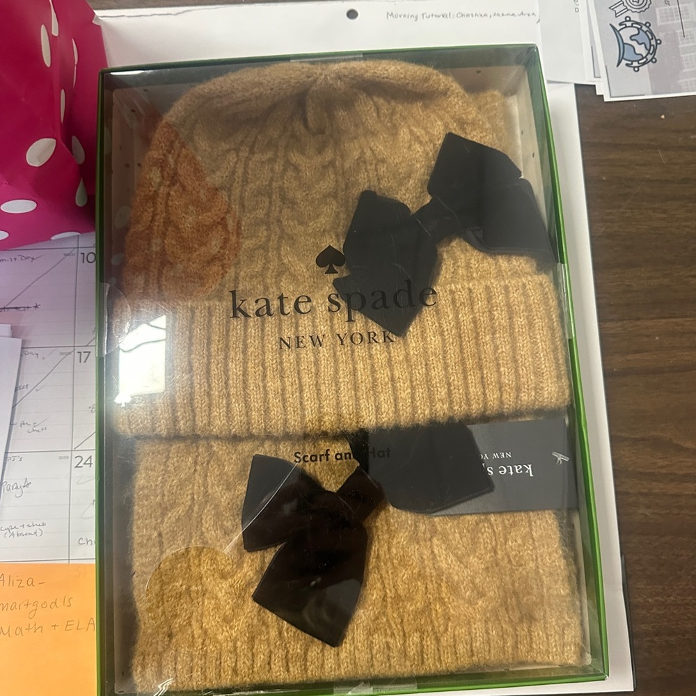 Kate Spade Scarf and Hat Camel Brown Velvet Black Bow Set